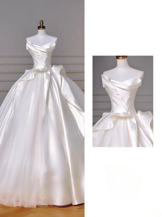 Timeless Wedding Dresses Ball Gown Strapless Satin Tulle Pleated Brides Dress Style For Brides With Pleated Corset Fitted Long Bridal Gowns AQ048