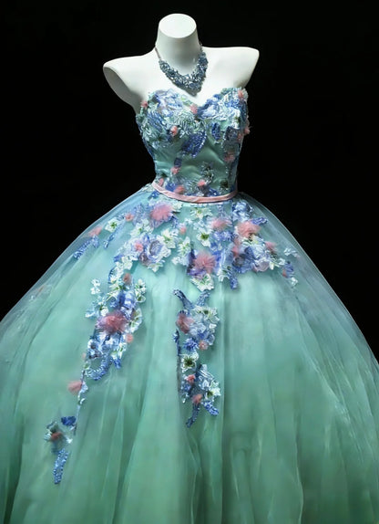 Niedliches, ärmelloses, blaues Ballkleid mit Herzausschnitt und Applikationen aus Tüll, langes Kleid für Quinceañera, Sweet 15 und 16 Geburtstag, AS048