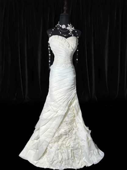 Prinzessinnen-Brautkleider, lange Kleider im 70er-Jahre-Stil, Meerjungfrauen-Ausschnitt, Boho-Stil, mit Spitze, figurbetont, auch in kleinen/großen Größen erhältlich, AS048