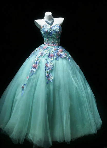 Niedliches, ärmelloses, blaues Ballkleid mit Herzausschnitt und Applikationen aus Tüll, langes Kleid für Quinceañera, Sweet 15 und 16 Geburtstag, AS048