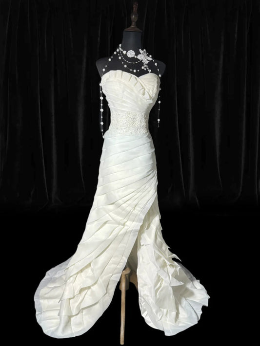 Princess Long Wedding Gowns 70s Unique Dresses Mermaid Sweetheart Bohemian Style for Bride With Lace Fitted Petite/Plus Size Bridal Dress AS048