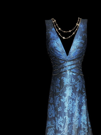 Robe de bal longue classique en satin à imprimé floral, col en V, sans manches, coupe trapèze, pour les élèves de terminale (AS049)