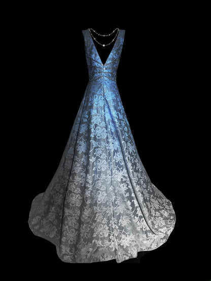 Robe de bal longue classique en satin à imprimé floral, col en V, sans manches, coupe trapèze, pour les élèves de terminale (AS049)