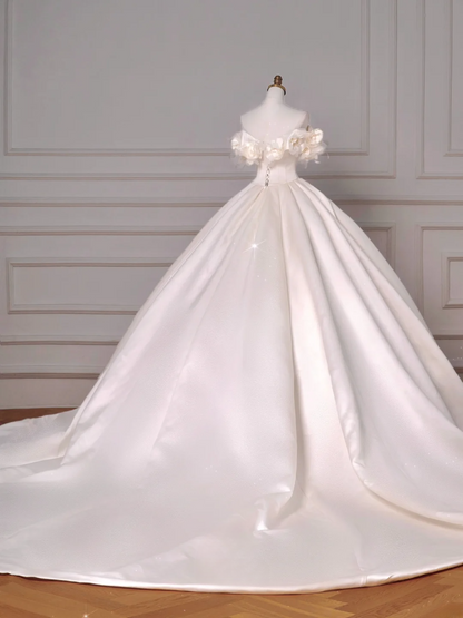 Robe de mariée intemporelle, robe de bal épaules dénudées en satin à volants, style robe de mariée avec corset plissé, robe de mariée longue ajustée AQ050