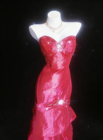 Robe de bal longue rétro chic sirène bustier cœur en satin rouge sans manches pour femme, tenue de fin d'année scolaire (21 ans) AS050