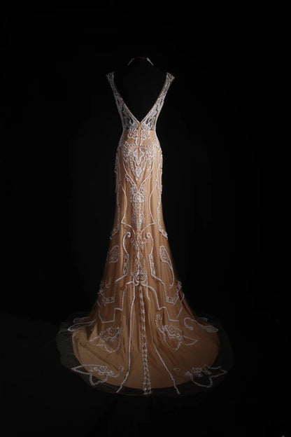 Vintage Mermaid Scoop Long Party Dress Tulle With Lace Inspo Champagne Floor Length Prom Dress AS050