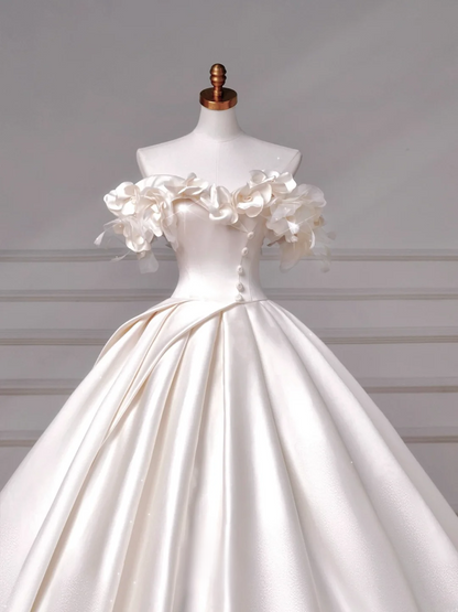 Robe de mariée intemporelle, robe de bal épaules dénudées en satin à volants, style robe de mariée avec corset plissé, robe de mariée longue ajustée AQ050