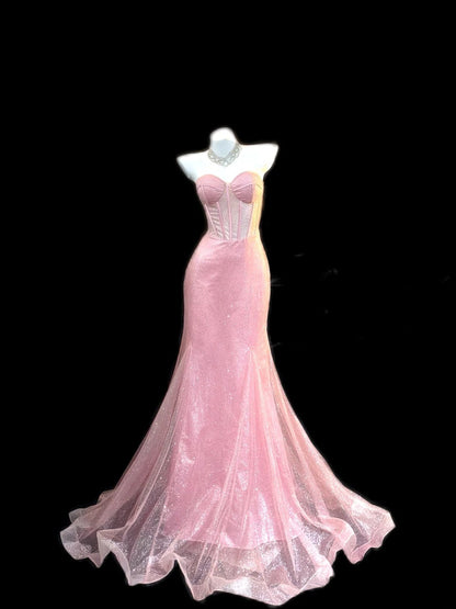 Vintage Prom Dresses Mermaid Sweetheart Sleeveless Pink Sequin Long Evening Formal Outfits RB3452
