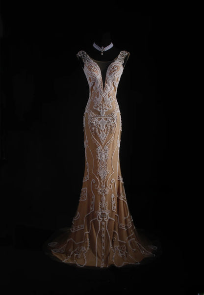 Vintage Mermaid Scoop Long Party Dress Tulle With Lace Inspo Champagne Floor Length Prom Dress AS050