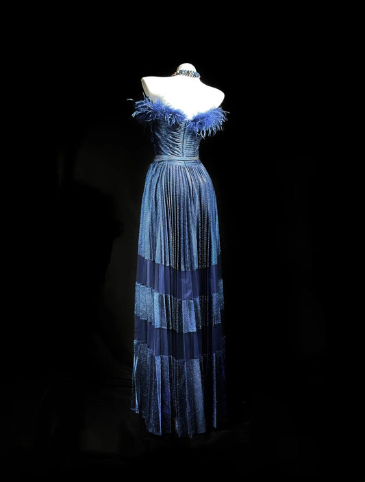 Classy Prom Dresses A line Off The Shoulder Navy Blue Tulle With Feathers Evening Dress Formal Outfits RB5857