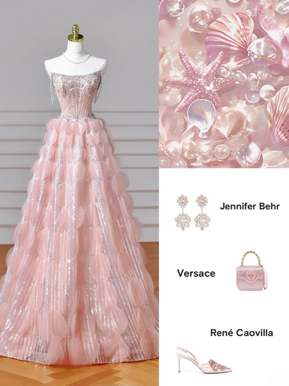 Elegante Abschlussballkleider für die Oberstufe: Trägerloses, pinkfarbenes Ballkleid mit Perlenbesatz, halbformell, lang, AQ051