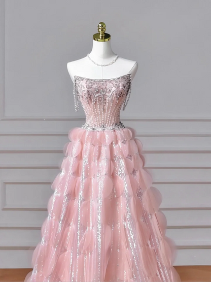Elegante Abschlussballkleider für die Oberstufe: Trägerloses, pinkfarbenes Ballkleid mit Perlenbesatz, halbformell, lang, AQ051
