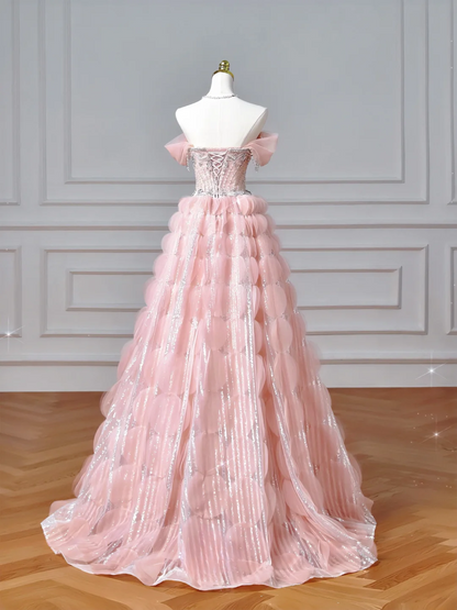 Elegante Abschlussballkleider für die Oberstufe: Trägerloses, pinkfarbenes Ballkleid mit Perlenbesatz, halbformell, lang, AQ051