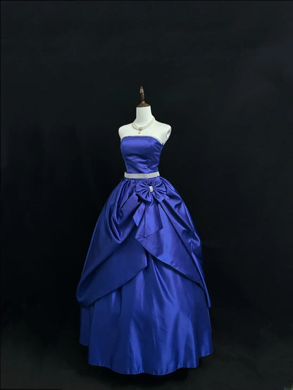 Modest Ball Gown Strapless Royal Blue Satin With Ruffled Quince Dress Voluminous Sweet 16 Sweet Sixteen Outfits Vestido de RB7422