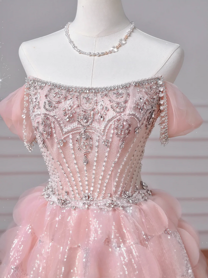 Elegante Abschlussballkleider für die Oberstufe: Trägerloses, pinkfarbenes Ballkleid mit Perlenbesatz, halbformell, lang, AQ051