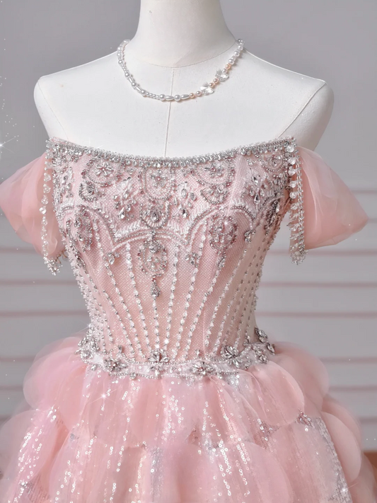 Robe de bal de fin d'année modeste pour lycéennes, inspiration lycéennes, robe de bal longue rose bustier ornée de perles, semi-formelle, AQ051