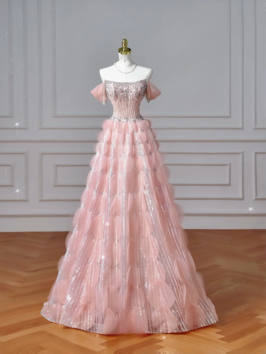Robe de bal de fin d'année modeste pour lycéennes, inspiration lycéennes, robe de bal longue rose bustier ornée de perles, semi-formelle, AQ051