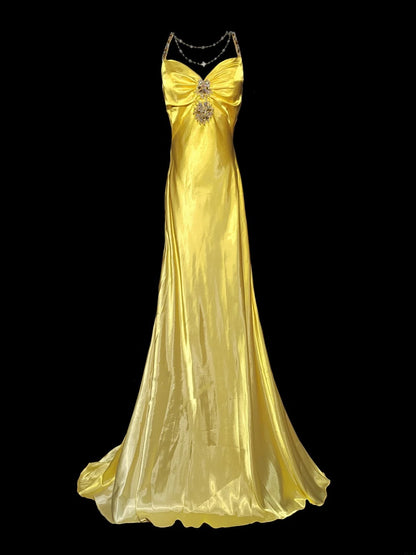 Robe de bal longue classique sirène jaune à bretelles spaghetti et dos nu, sans manches, en satin, pour la remise des diplômes de fin d'études secondaires (AS052)