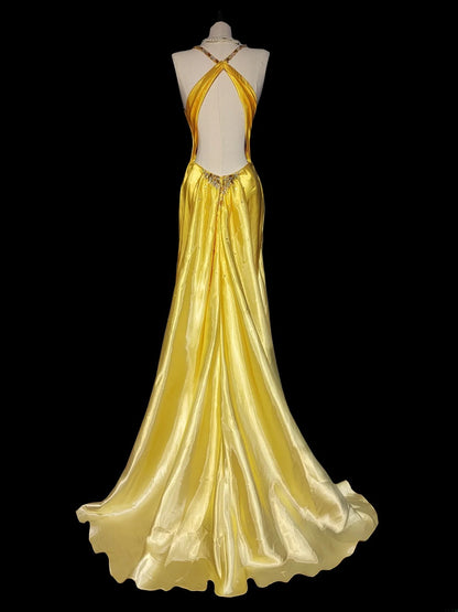 Robe de bal longue classique sirène jaune à bretelles spaghetti et dos nu, sans manches, en satin, pour la remise des diplômes de fin d'études secondaires (AS052)