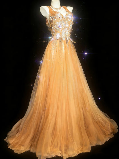 Elegantes Retro-Ballkleid mit Herzausschnitt, orangefarbenem Tüll, ärmellos, langes Abendkleid für Damen, Highschool-Abschlussballkleid, Outfit für den 21. Geburtstag AS052