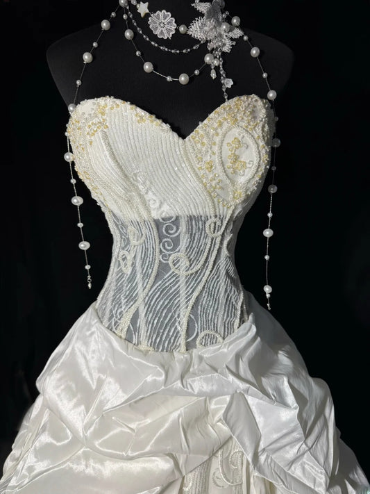 Vintage Long Wedding Gowns 1960s Dresses Ball Gown Sweetheart Style for Bride Satin With Pleated Train White Bridal Gown AS052