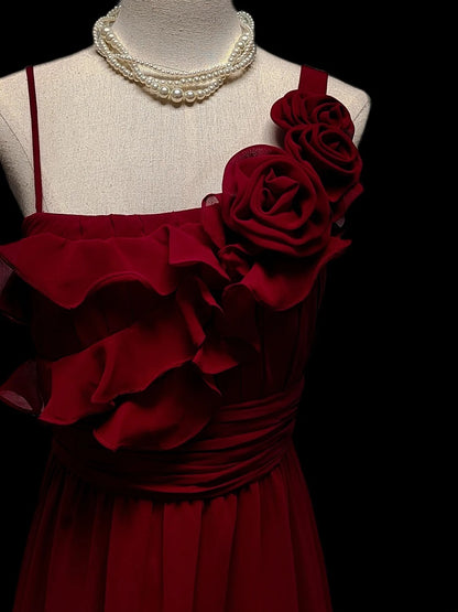 Klassisches, ärmelloses, langes A-Linien-Abendkleid aus burgunderrotem Chiffon mit Spaghettiträgern – perfekt für den Schulabschlussball oder als Abendgarderobe (AS053)