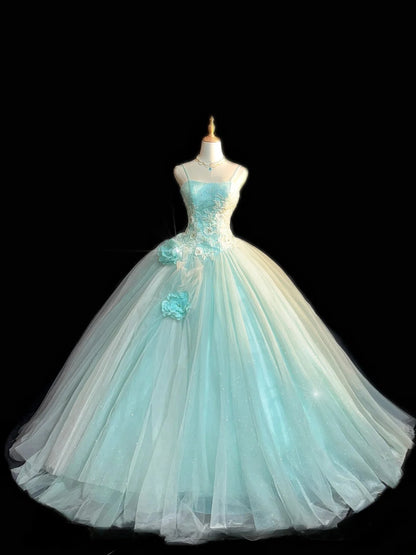 Cute Ball Gown Spaghetti Strap Light Sky Blue Tulle With Beading Long Quinceanera Dress vestido de 15 de cenicienta RB3455