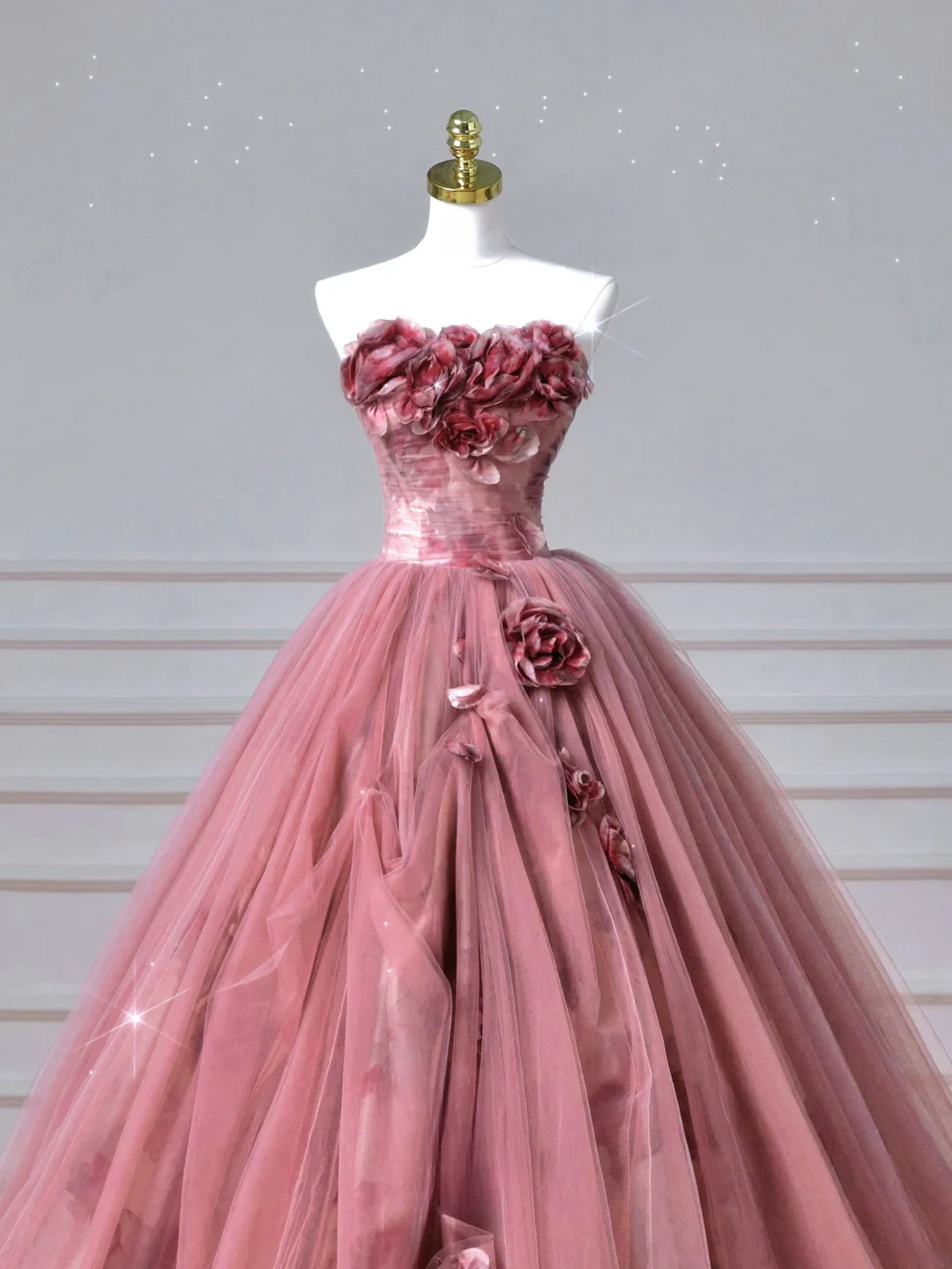 Robe de bal de fin d'année modeste pour lycéennes - Inspiration robe de bal bustier rose à fleurs, semi-formelle, longue, AQ053