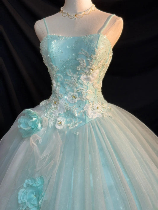 Cute Ball Gown Spaghetti Strap Light Sky Blue Tulle With Beading Long Quinceanera Dress vestido de 15 de cenicienta RB3455