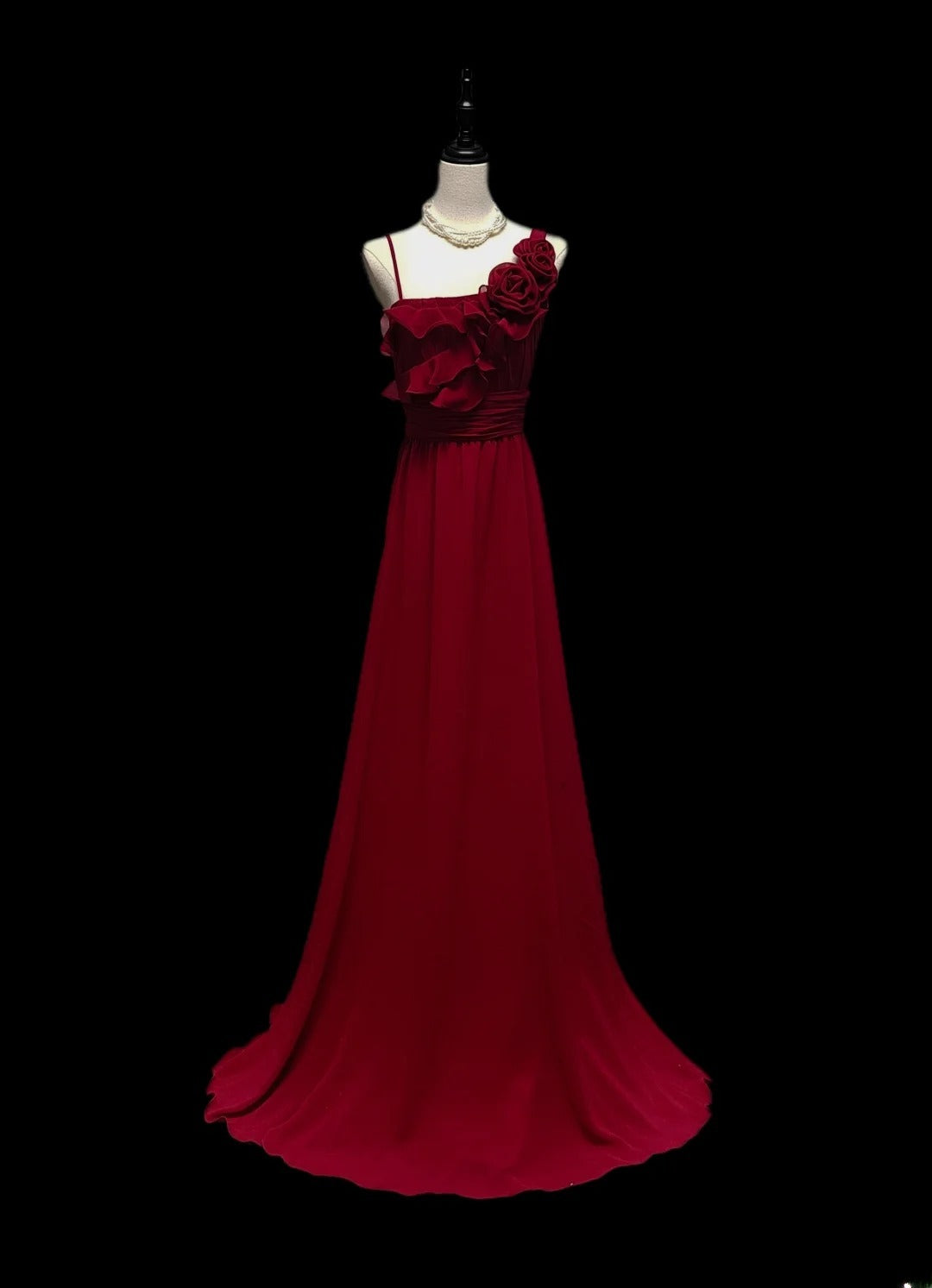 Klassisches, ärmelloses, langes A-Linien-Abendkleid aus burgunderrotem Chiffon mit Spaghettiträgern – perfekt für den Schulabschlussball oder als Abendgarderobe (AS053)