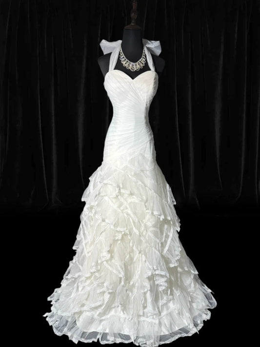 Timeless Long Wedding Gowns 70s Ideas Classy Halter Dresses Mermaid Bohemian Style for Bride With Fitted Pleated Tiered Bridal Gown AS053