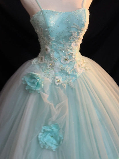 Cute Ball Gown Spaghetti Strap Light Sky Blue Tulle With Beading Long Quinceanera Dress vestido de 15 de cenicienta RB3455