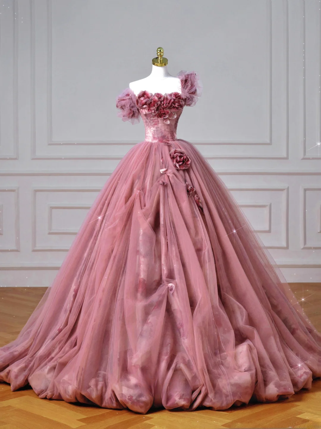 Robe de bal de fin d'année modeste pour lycéennes - Inspiration robe de bal bustier rose à fleurs, semi-formelle, longue, AQ053