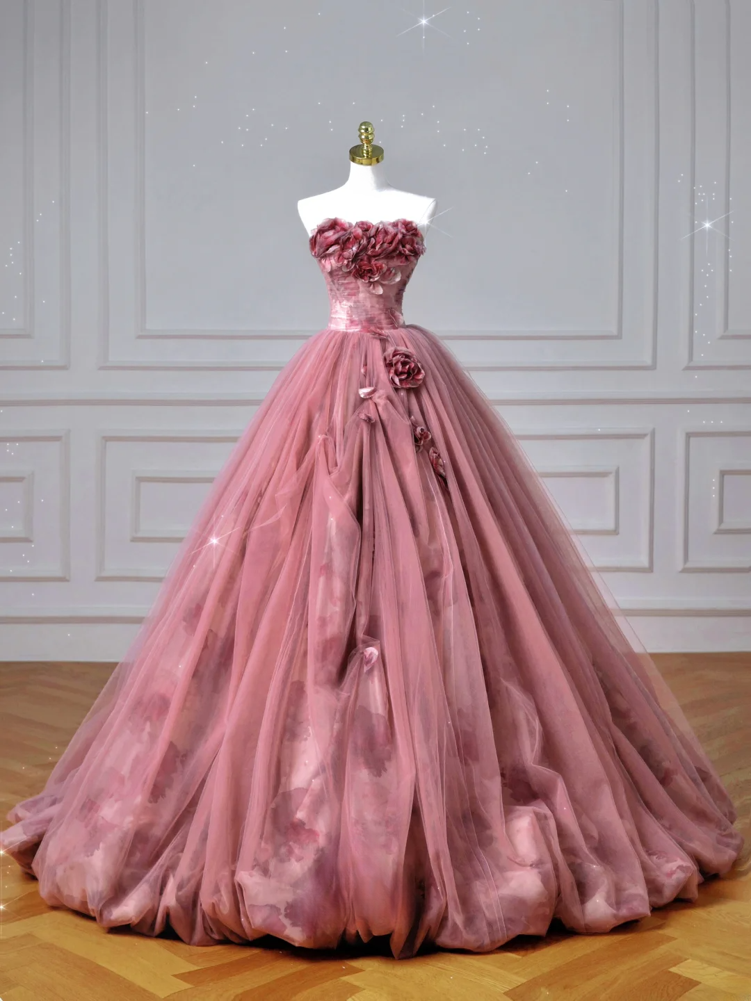 Robe de bal de fin d'année modeste pour lycéennes - Inspiration robe de bal bustier rose à fleurs, semi-formelle, longue, AQ053