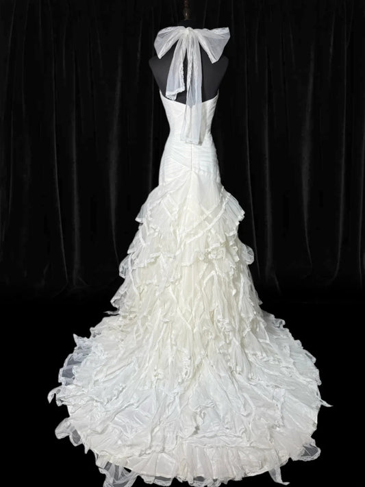 Timeless Long Wedding Gowns 70s Ideas Classy Halter Dresses Mermaid Bohemian Style for Bride With Fitted Pleated Tiered Bridal Gown AS053
