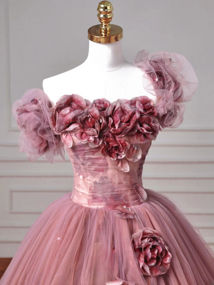 Robe de bal de fin d'année modeste pour lycéennes - Inspiration robe de bal bustier rose à fleurs, semi-formelle, longue, AQ053