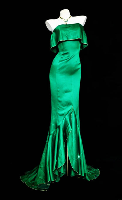Robe de bal longue rétro chic sirène sans bretelles en satin vert foncé, sans manches, pour femme, tenue de fin d'année scolaire, AS055