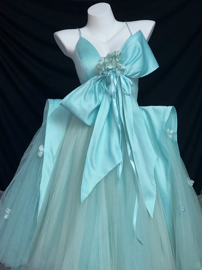 Cute Ball Gown Spaghetti Strap Satin Blue Tulle With Bow-knot Long Quinceanera Dress vestido de 15 de cenicienta RB3457