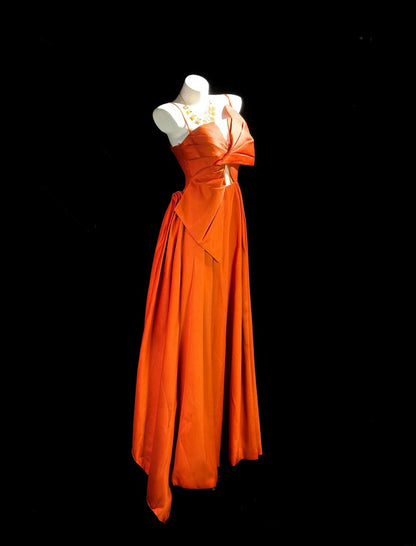 Vintage Prom Dresses A Line Spaghetti Strap Orange Satin With Bow Evening Dress Formal Outfits RB5861