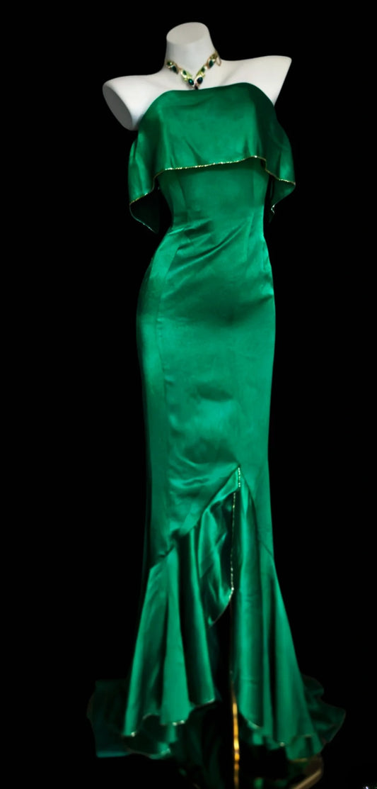 Robe de bal longue rétro chic sirène sans bretelles en satin vert foncé, sans manches, pour femme, tenue de fin d'année scolaire, AS055
