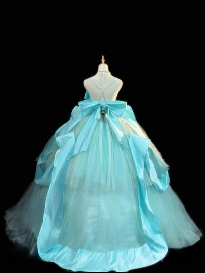 Cute Ball Gown Spaghetti Strap Satin Blue Tulle With Bow-knot Long Quinceanera Dress vestido de 15 de cenicienta RB3457