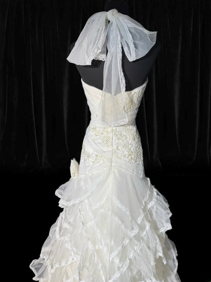 Robes de mariée longues et intemporelles, inspiration années 70 : robes dos nu élégantes, style sirène bohème, robe de mariée cintrée à volants plissée et à volants (AS055)