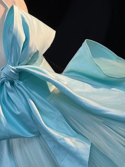 Cute Ball Gown Spaghetti Strap Satin Blue Tulle With Bow-knot Long Quinceanera Dress vestido de 15 de cenicienta RB3457