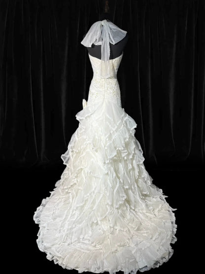 Robes de mariée longues et intemporelles, inspiration années 70 : robes dos nu élégantes, style sirène bohème, robe de mariée cintrée à volants plissée et à volants (AS055)