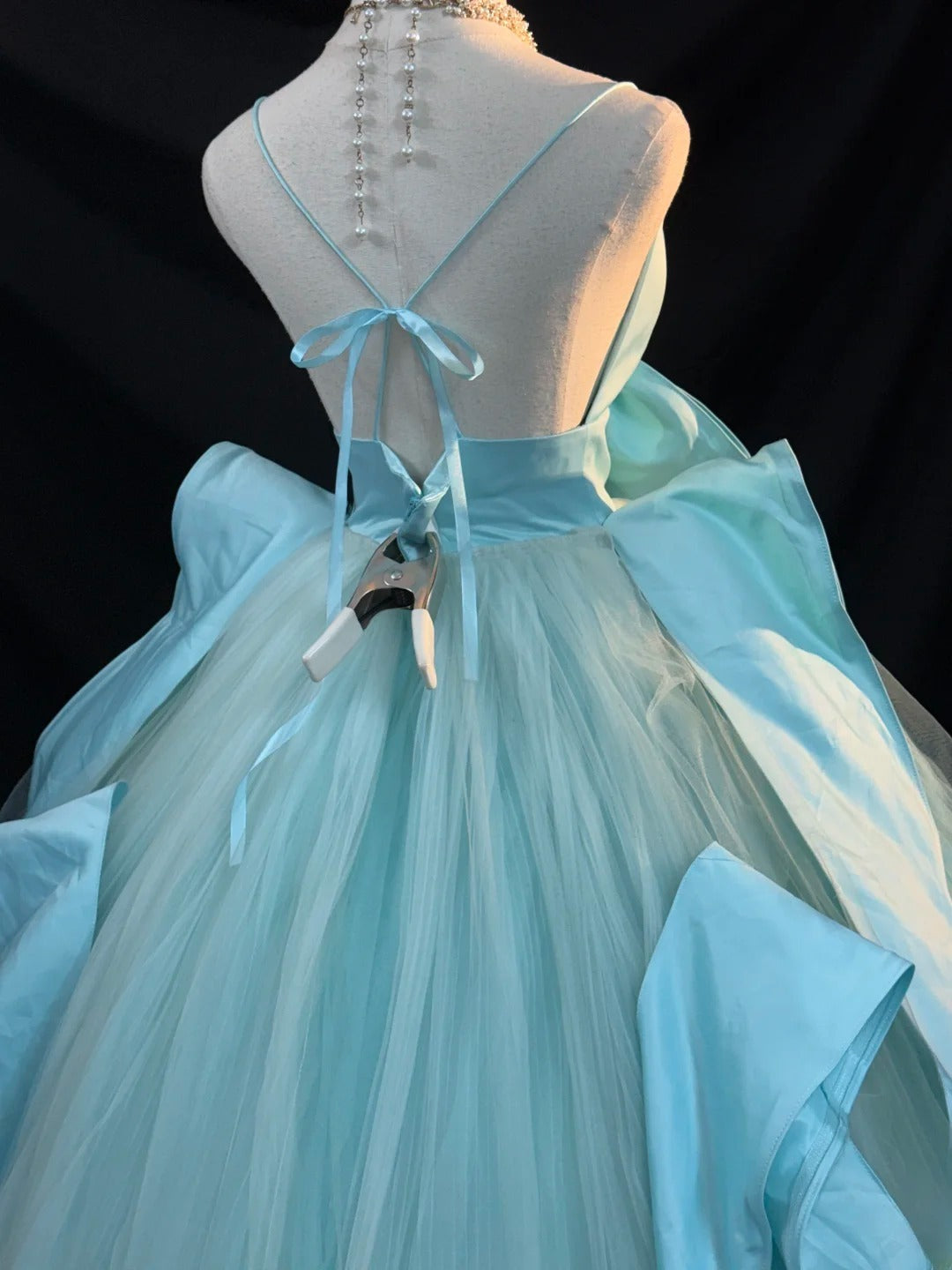 Cute Ball Gown Spaghetti Strap Satin Blue Tulle With Bow-knot Long Quinceanera Dress vestido de 15 de cenicienta RB3457