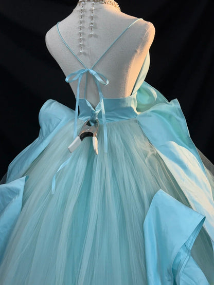 Cute Ball Gown Spaghetti Strap Satin Blue Tulle With Bow-knot Long Quinceanera Dress vestido de 15 de cenicienta RB3457