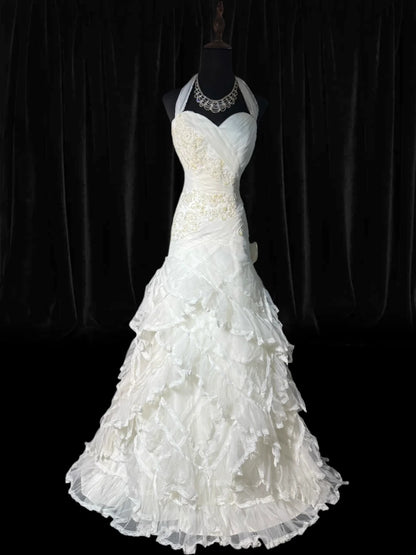 Robes de mariée longues et intemporelles, inspiration années 70 : robes dos nu élégantes, style sirène bohème, robe de mariée cintrée à volants plissée et à volants (AS055)
