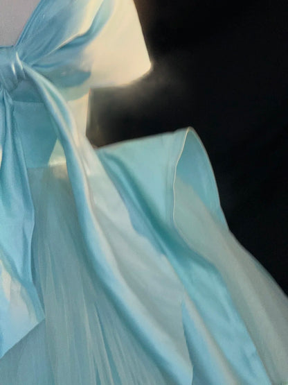Cute Ball Gown Spaghetti Strap Satin Blue Tulle With Bow-knot Long Quinceanera Dress vestido de 15 de cenicienta RB3457