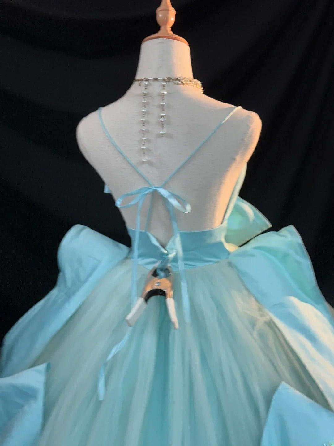 Cute Ball Gown Spaghetti Strap Satin Blue Tulle With Bow-knot Long Quinceanera Dress vestido de 15 de cenicienta RB3457