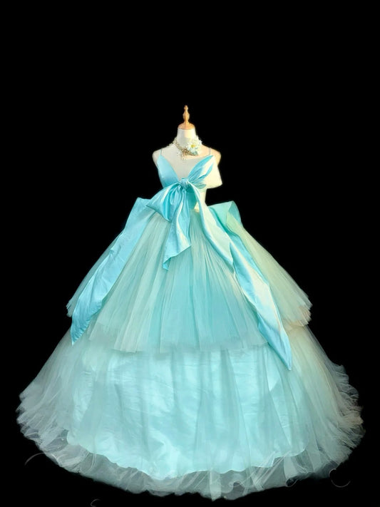 Cute Ball Gown Spaghetti Strap Satin Blue Tulle With Bow-knot Long Quinceanera Dress vestido de 15 de cenicienta RB3457